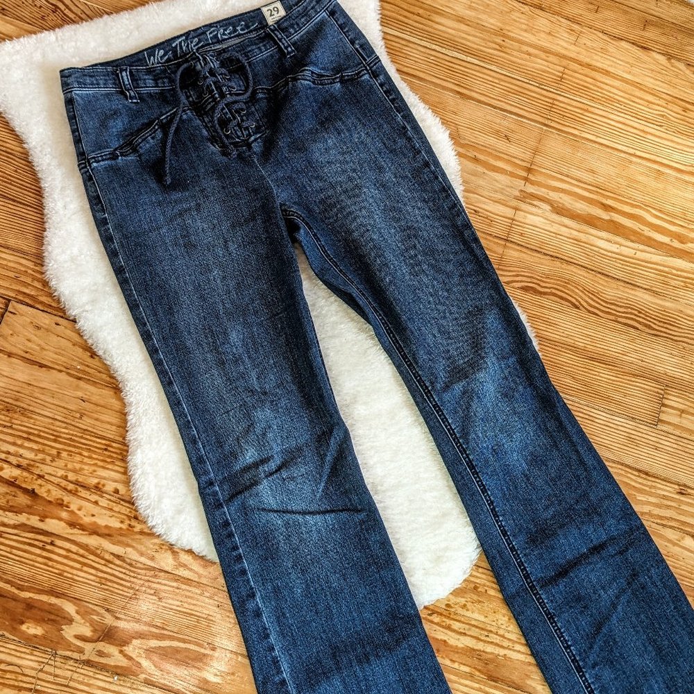 Free People Eva High Rise Lace Up Bootcut Jeans in Dark Blue Denim